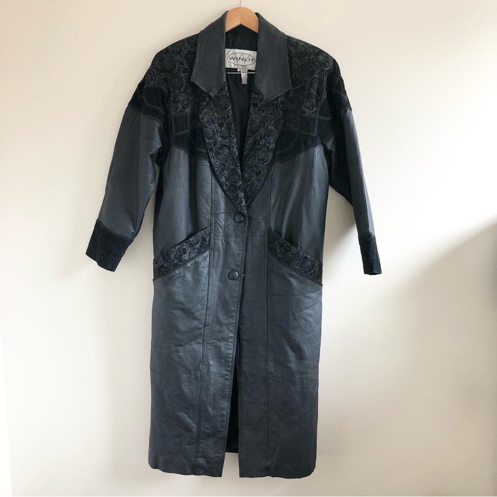 Vintage genuine leather western embroidered trench coat